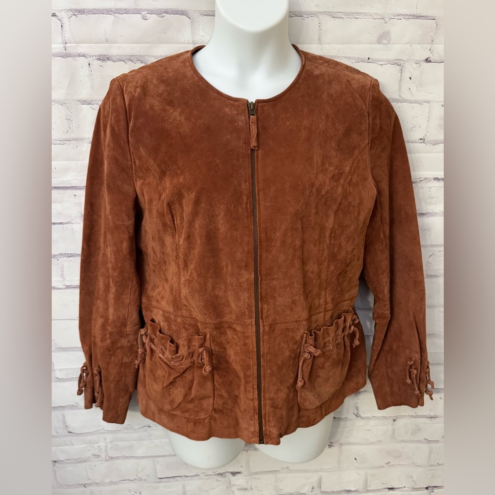 Chi‎ By Falchi XL Leather Jacket Lace Up Ruffle Full Zip Brown Orange Flaw